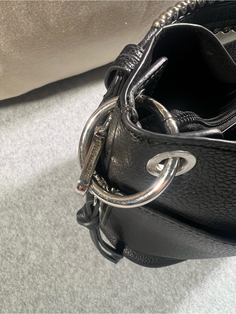 Steve Madden Black Pebbled Faux Leather Stud-Trim Bucket Bag - Picture 9 of 16